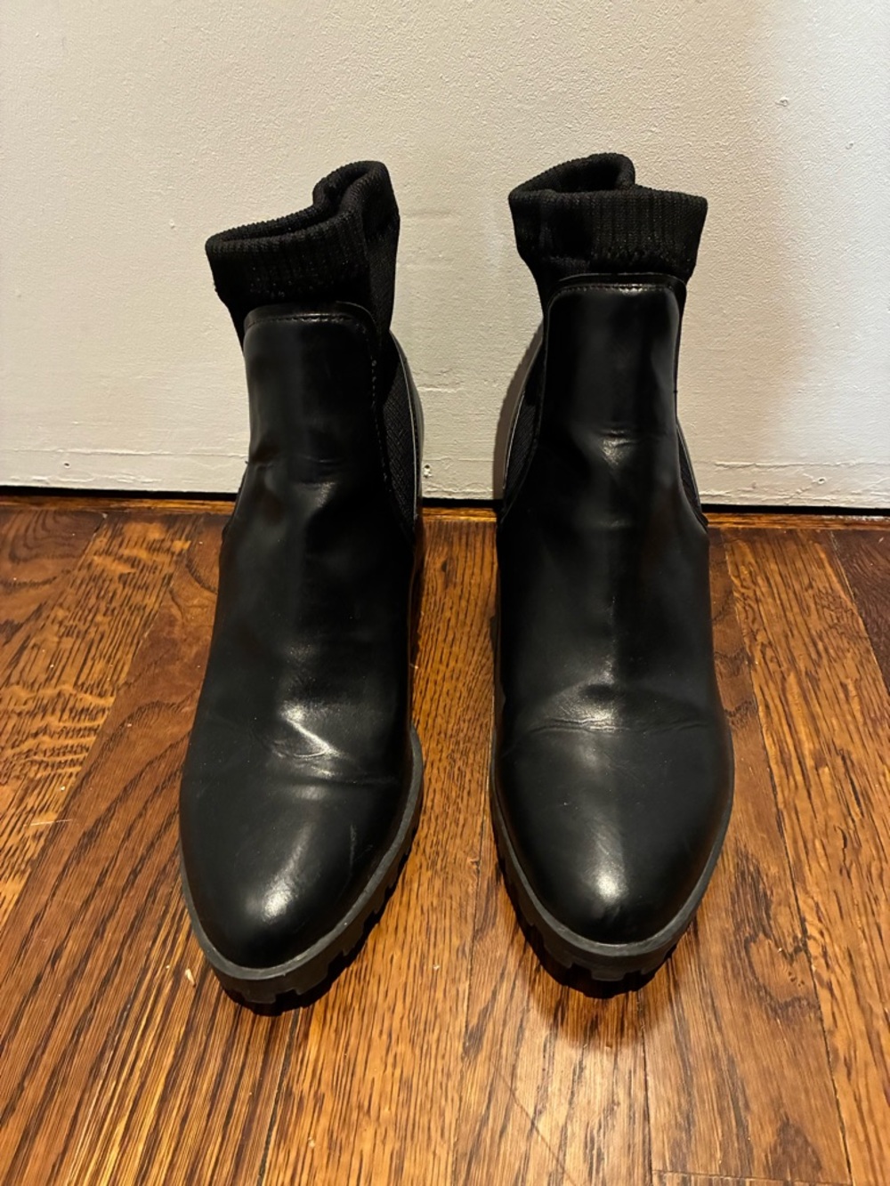 Zara Black Leather Ankle Booties with Knit Cuff 3” heel